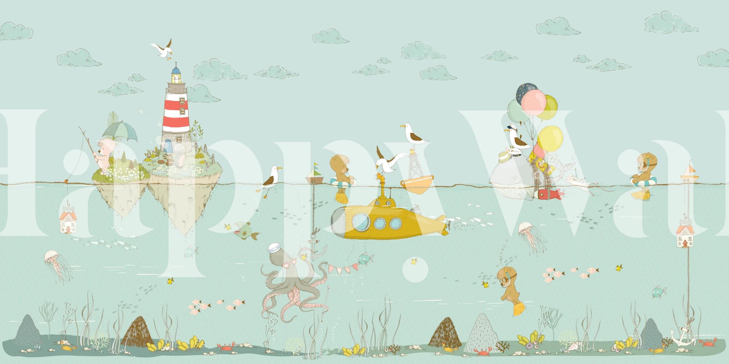 Pale blue sea animal wallpaper in nursery room