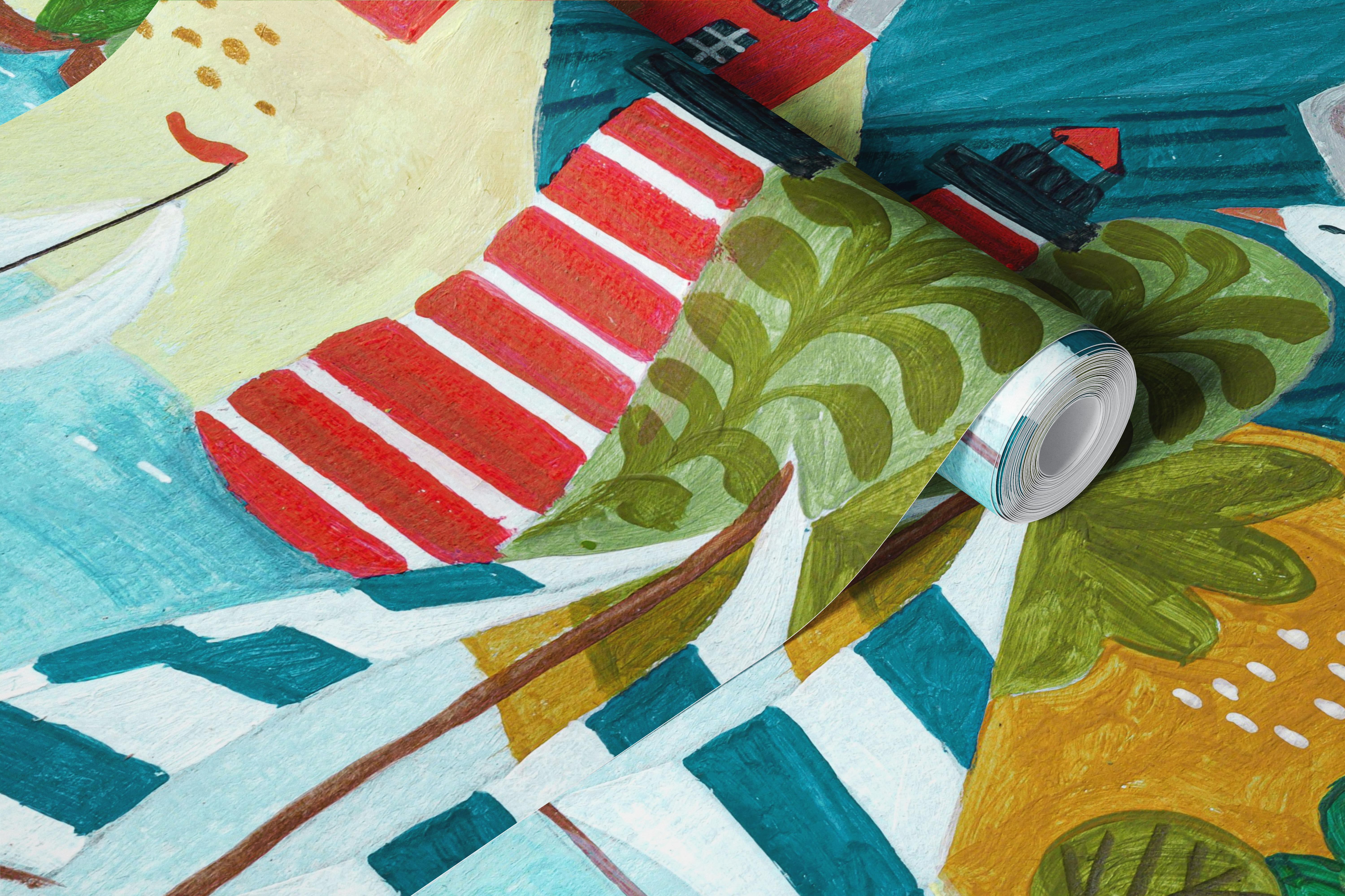 Teal coastal village wallpaper in a room