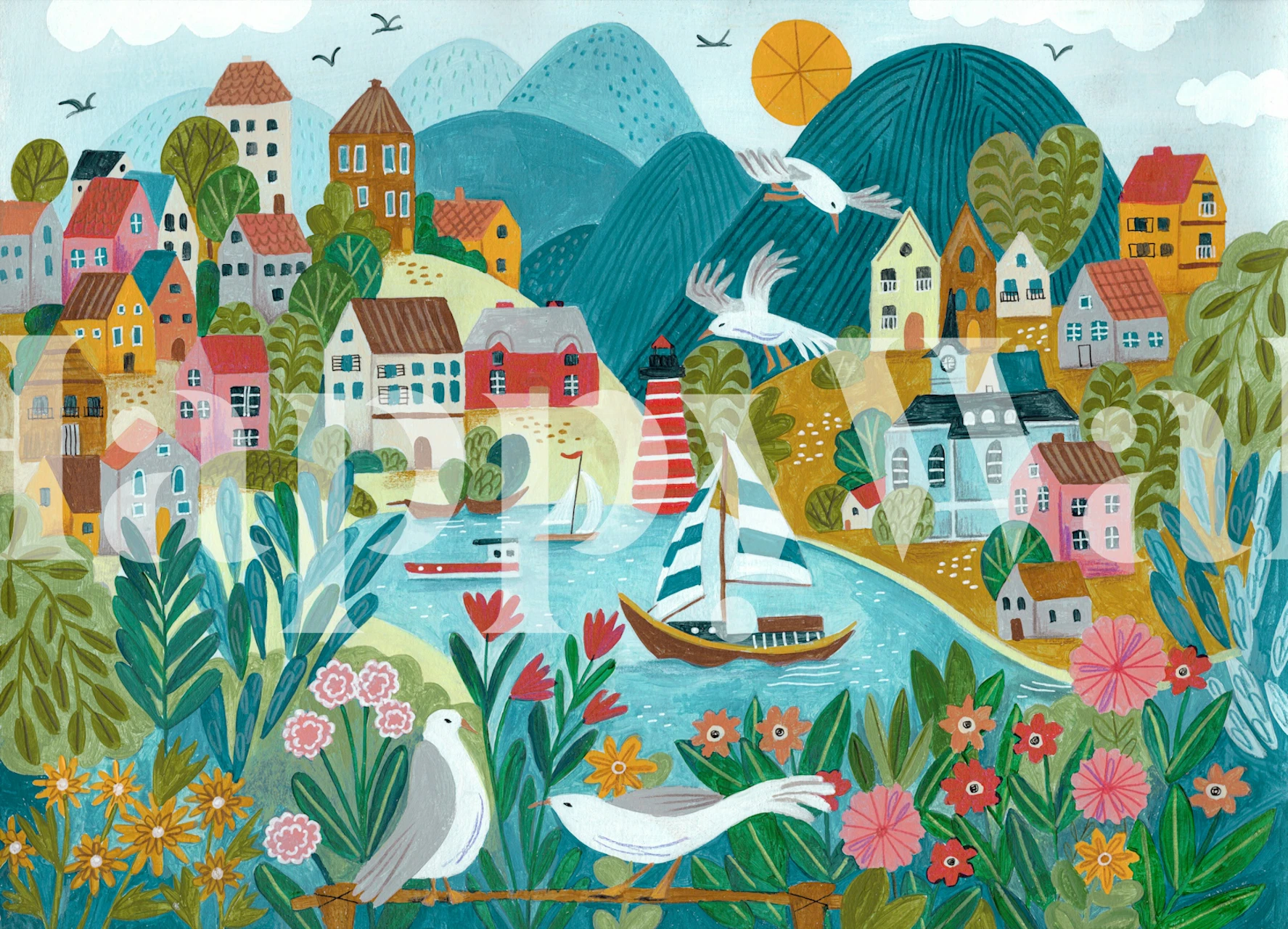 Teal coastal village wallpaper in a room
