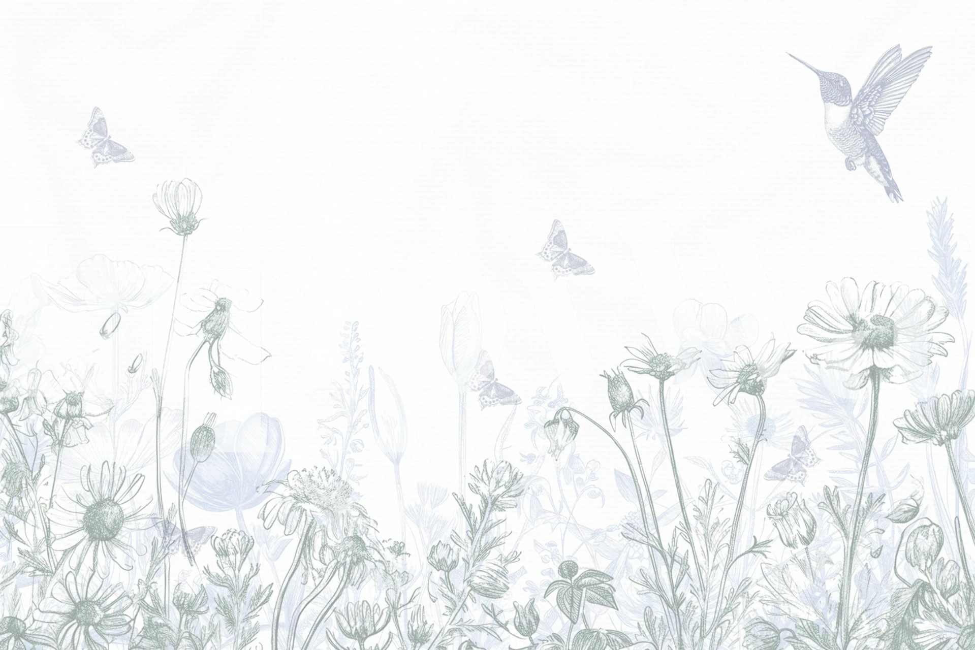 Ivory wildflower wallpaper with hummingbird in room
