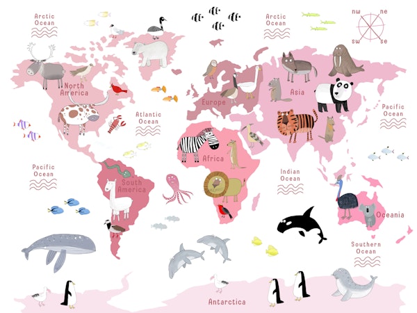 Pink world map animals