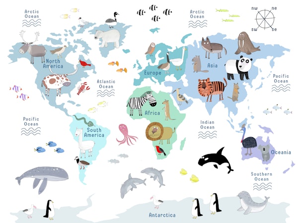 Blue world map with animals