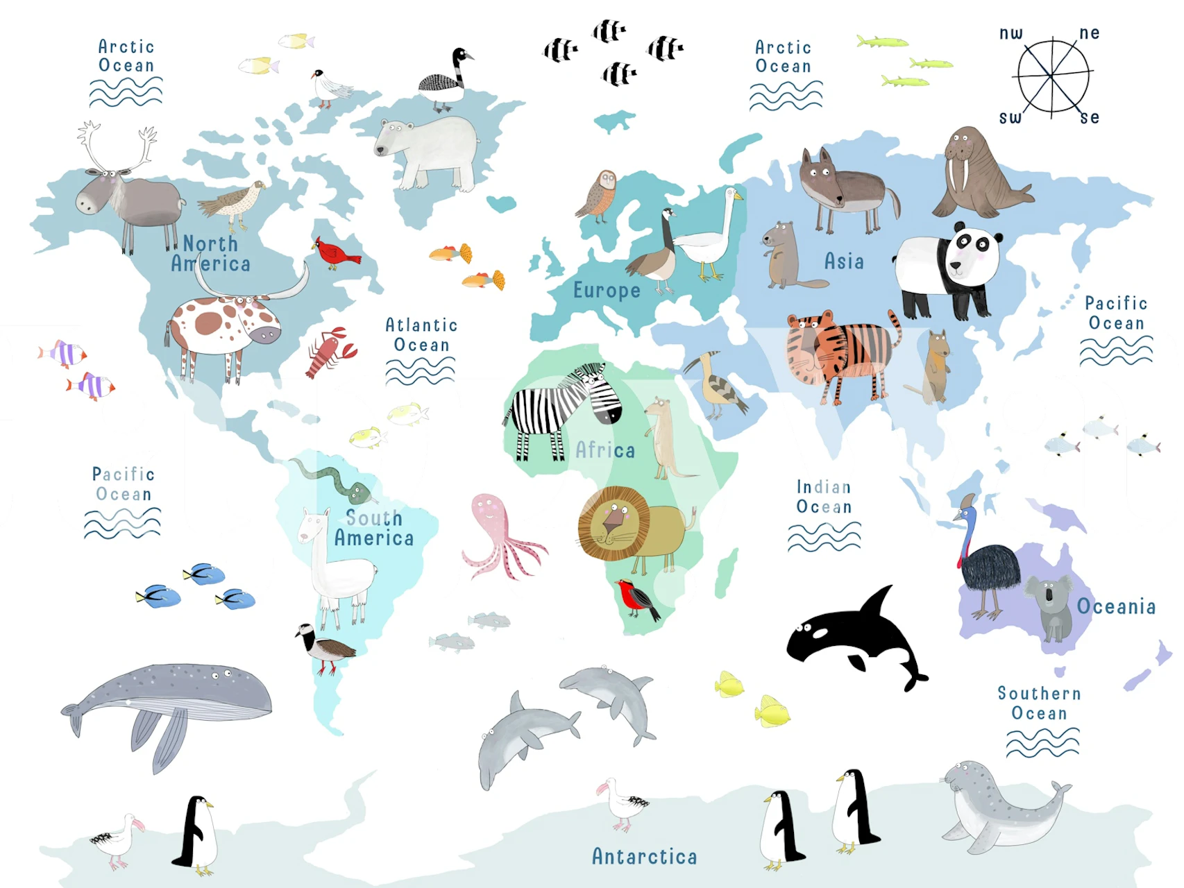 Blue world map animals wallpaper in kids room
