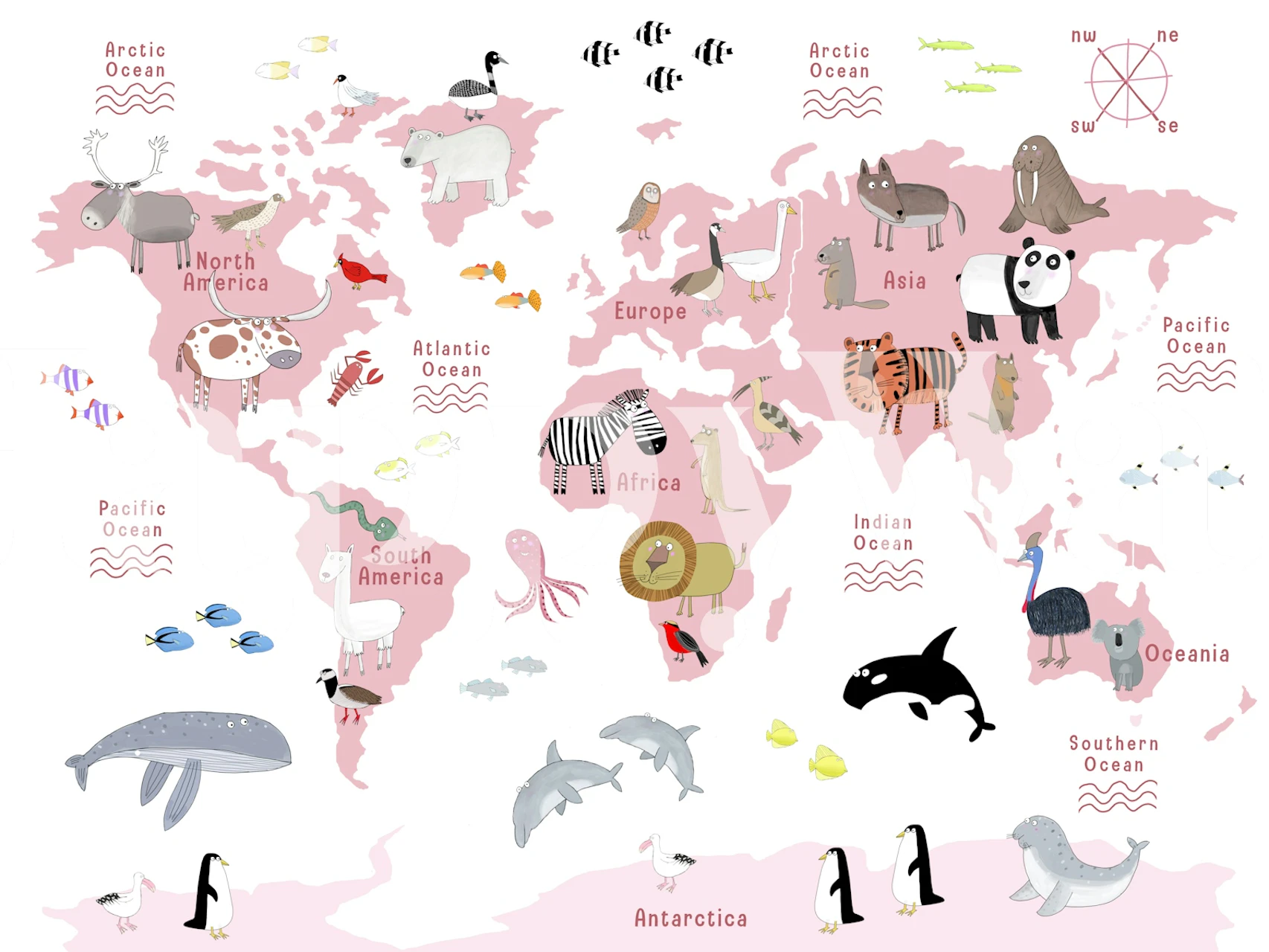 Pink animal world map wallpaper in nursery room