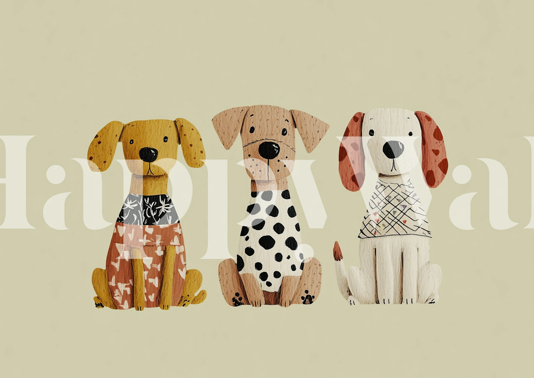 Three sitting dog wallpaper in ivory nursery room