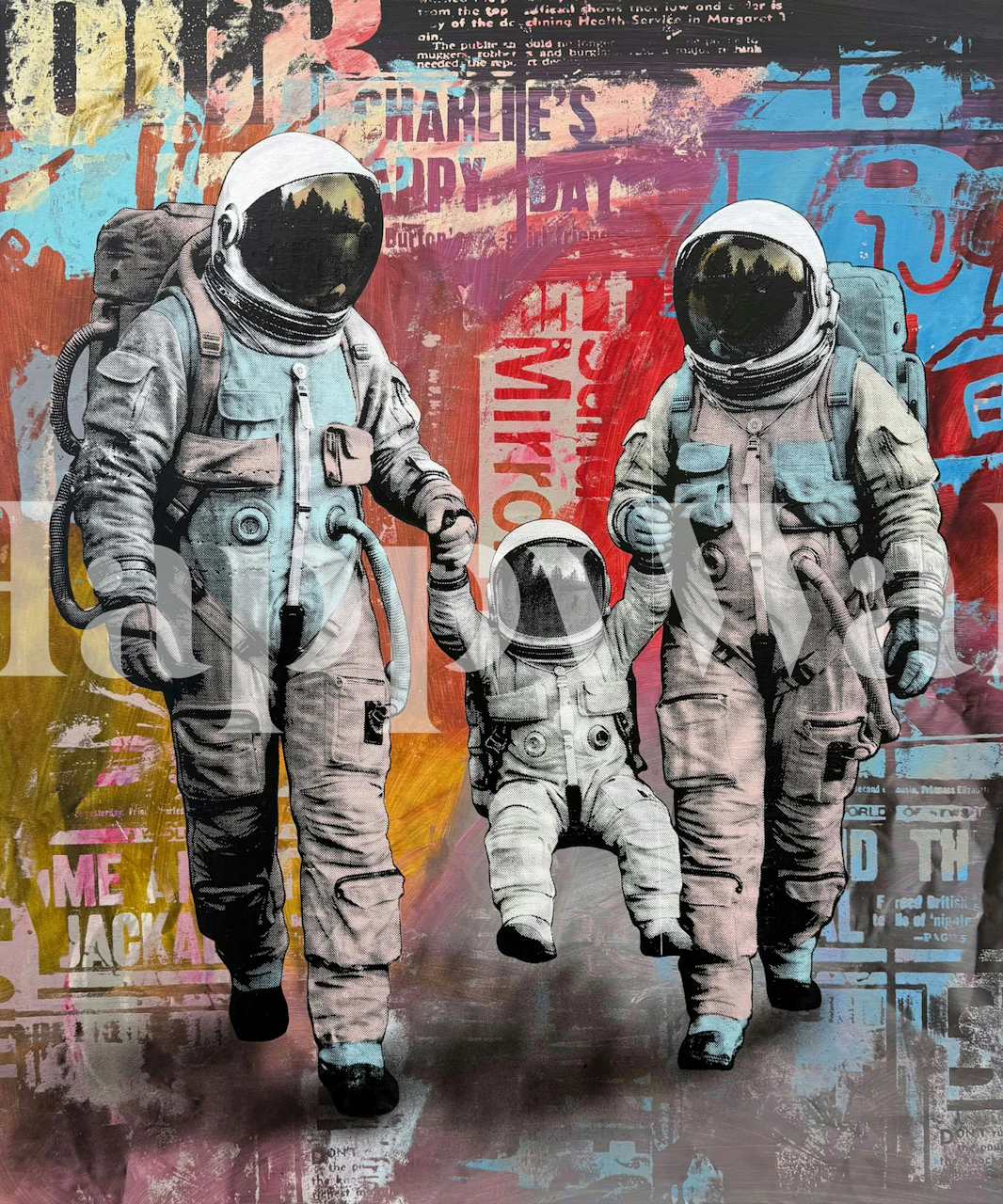Blue astronaut street art wallpaper in a room