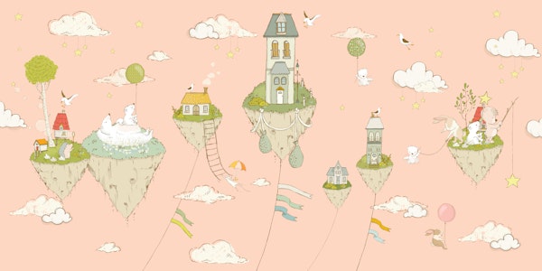 Peach floating islands nursery scene