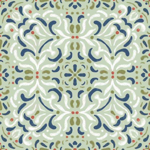Hand Painted Folk Tile Pattern in Sage Green