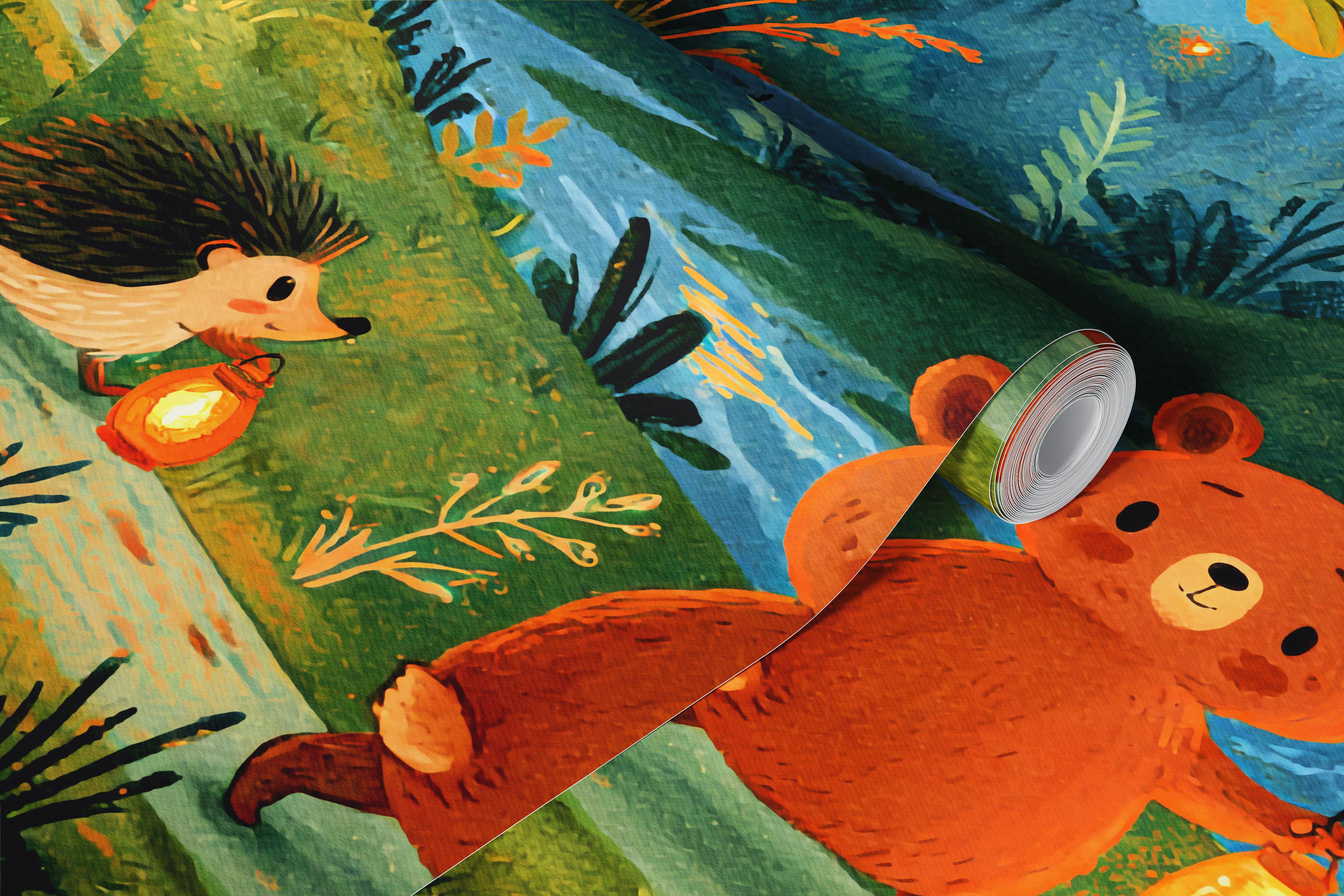 Moonlit woodland animal wallpaper in a nursery room