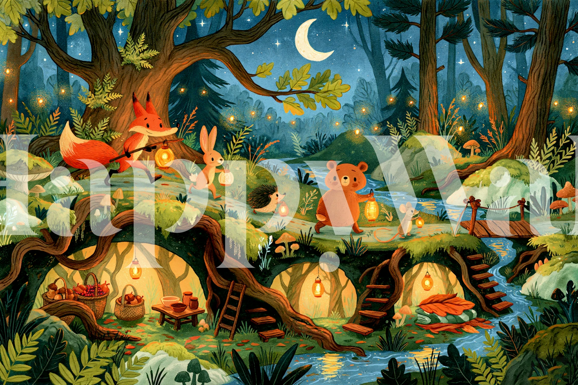 Moonlit woodland animal wallpaper in a nursery room