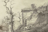 Sepia stone house landscape sketch carta da parati
