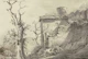 Sepia stone house landscape sketch