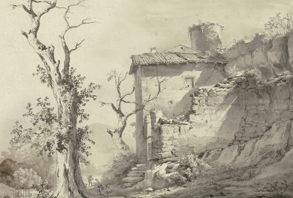 Sepia stone house landscape sketch
