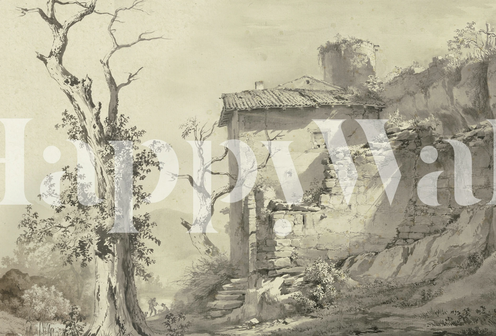 Sepia stone house sketch wallpaper in a room