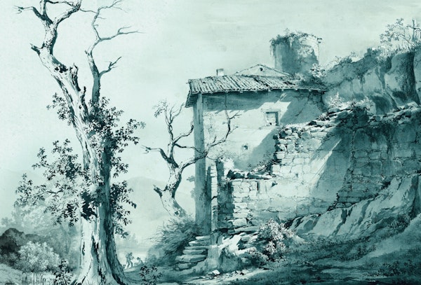 Pale teal old stone wall