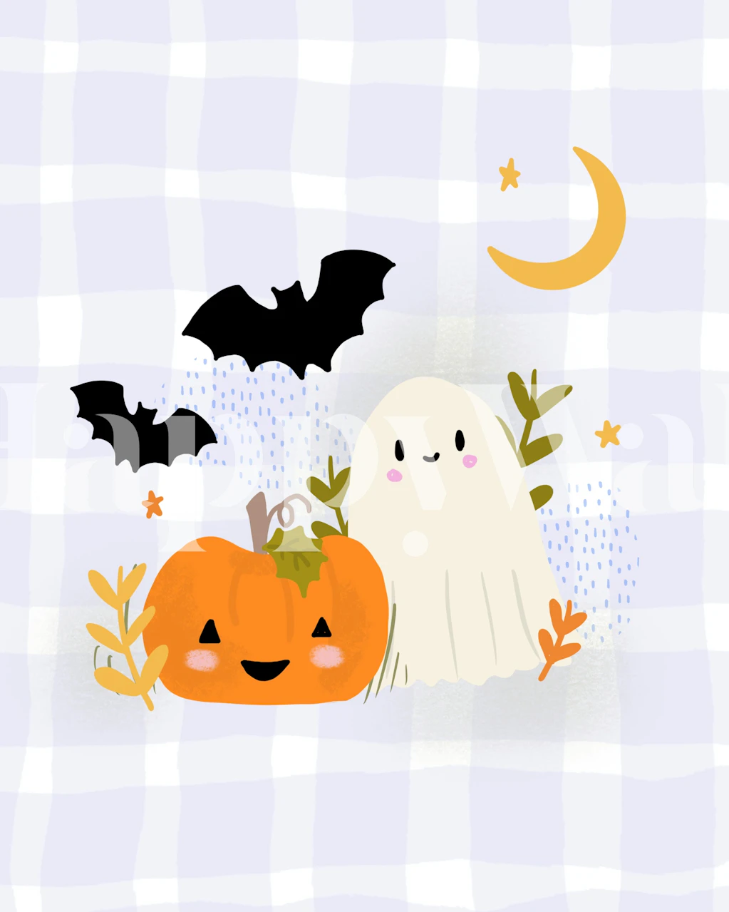 Lavender Gingham Fall Pumpkin and Bats tapeta