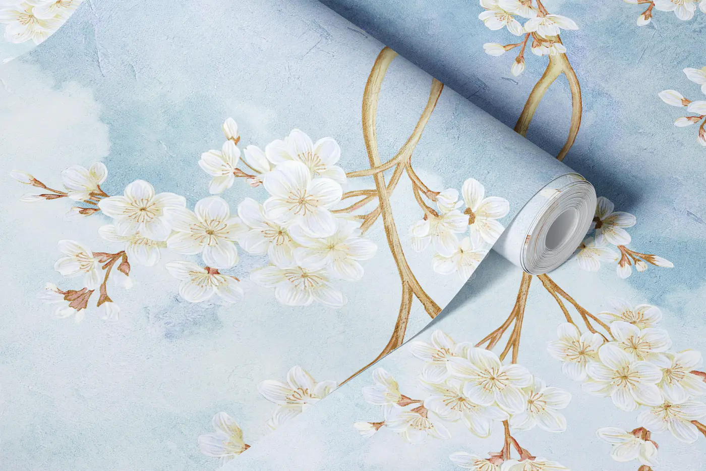 Cherry Blossom Watercolour Blue Clouds wallpaper roll