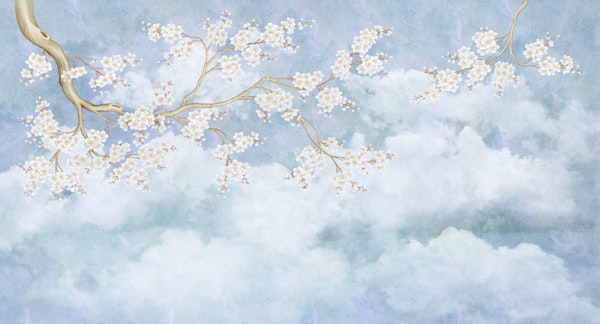 Cherry Blossom Watercolour Blue Clouds