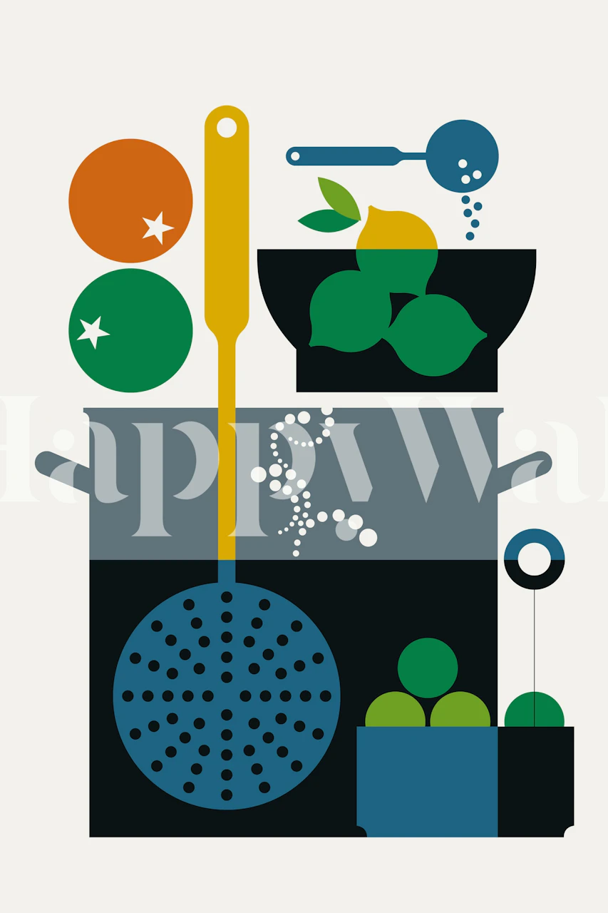 Colorful cooking themed wallpaper with pots, fruit, and abstract designs