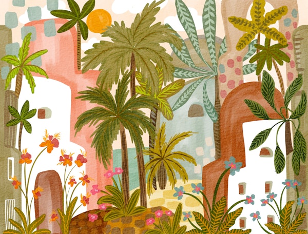 Taupe desert town with palm trees