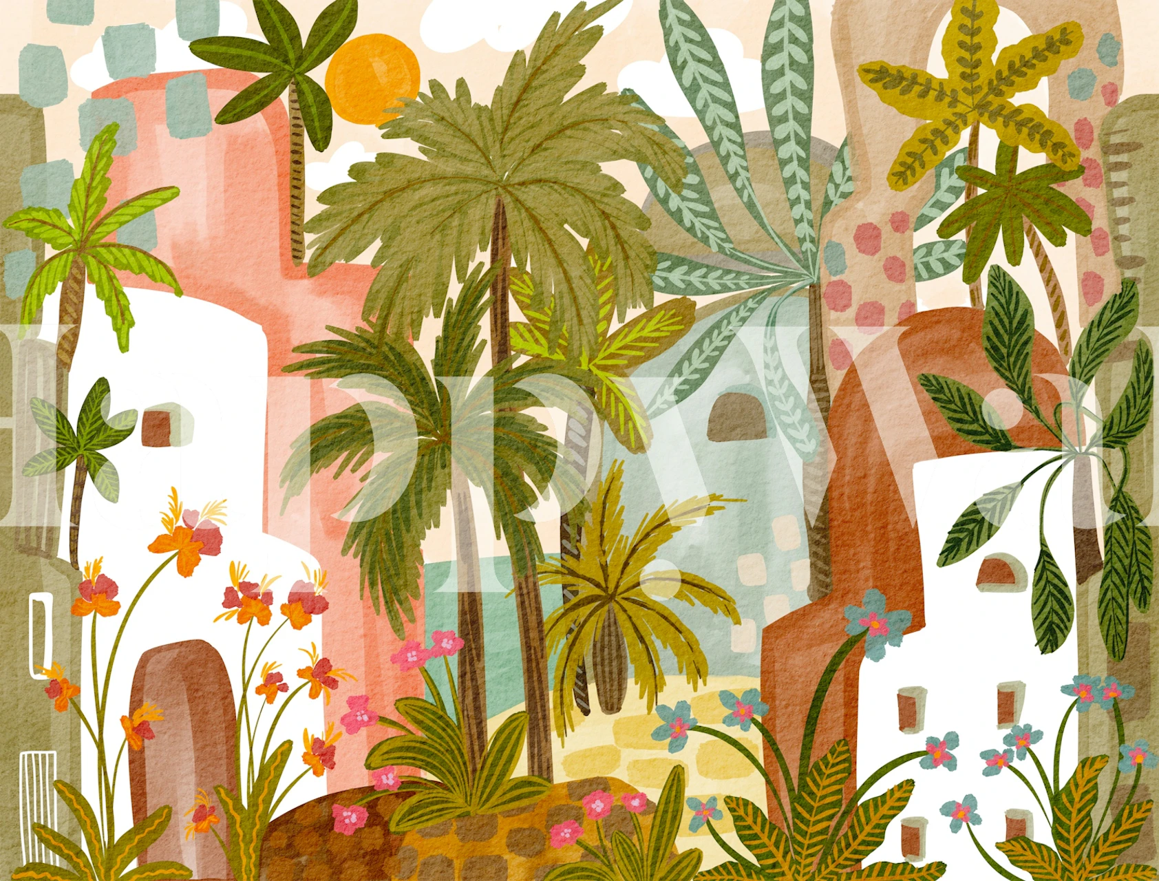 Taupe desert town wallpaper in a room