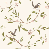 Brown Birds Cherry Blossoms Chinoiserie Cream wallpaper