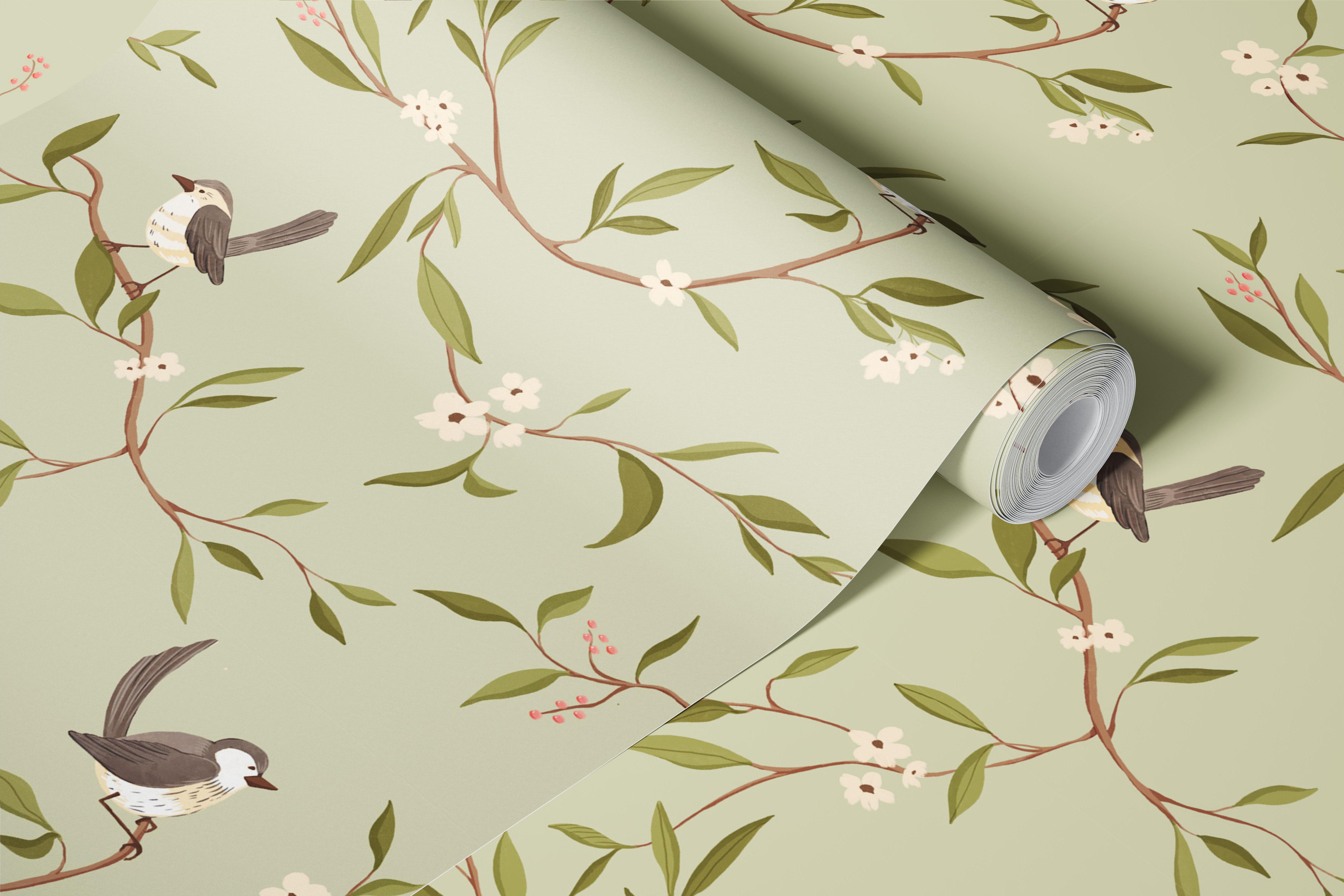 Sage green room with bird blossom wallpaper