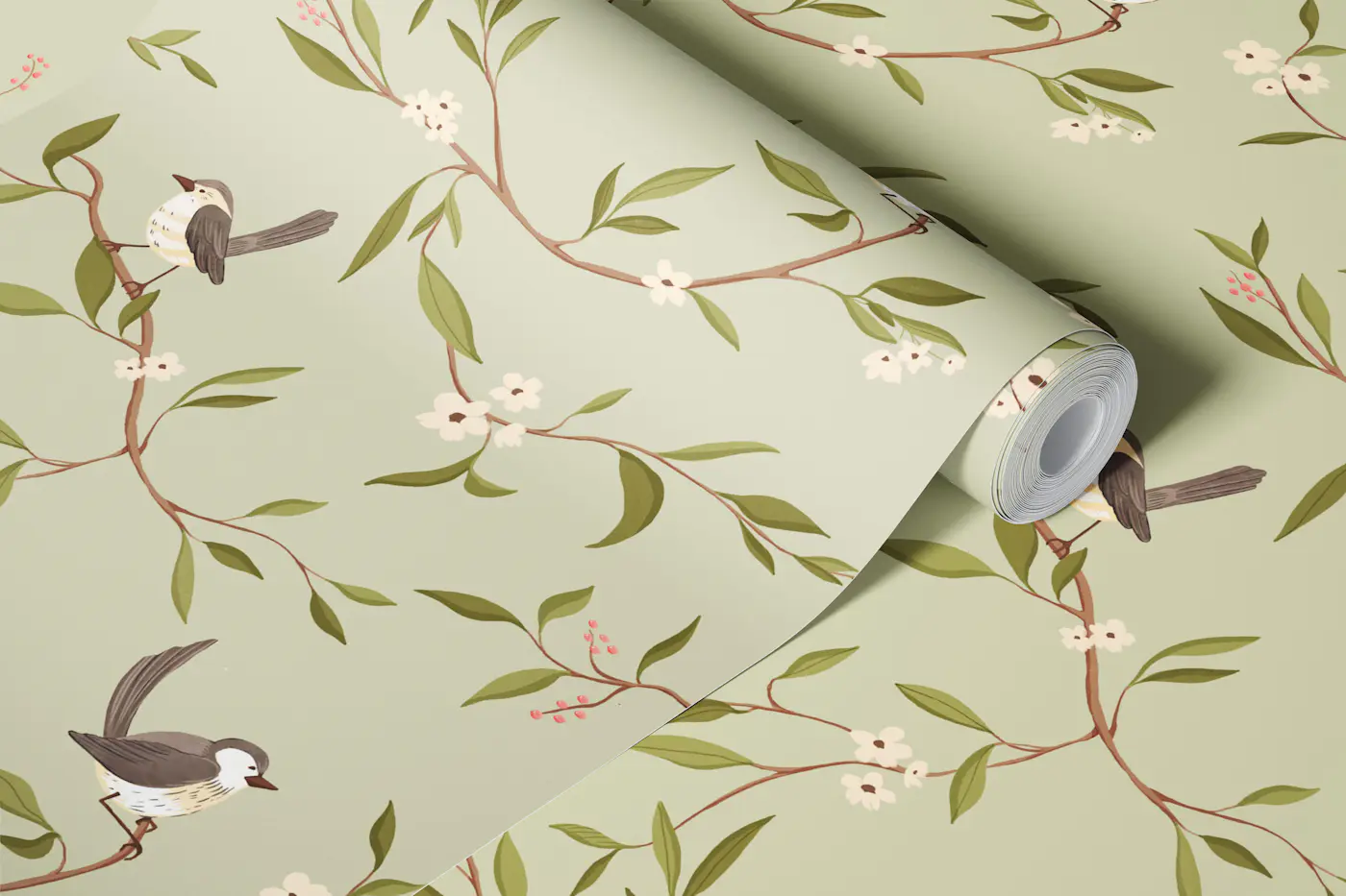 Brown Birds Cherry Blossoms Chinoiserie Sage wallpaper roll