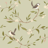 Brown Birds Cherry Blossoms Chinoiserie Sage wallpaper