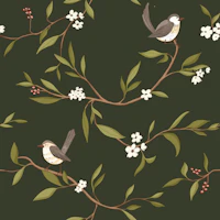 Brown Birds Cherry Blossoms Chinoiserie Dark wallpaper