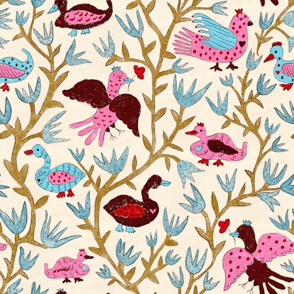 Multicoloured folk birds maximalist wall
