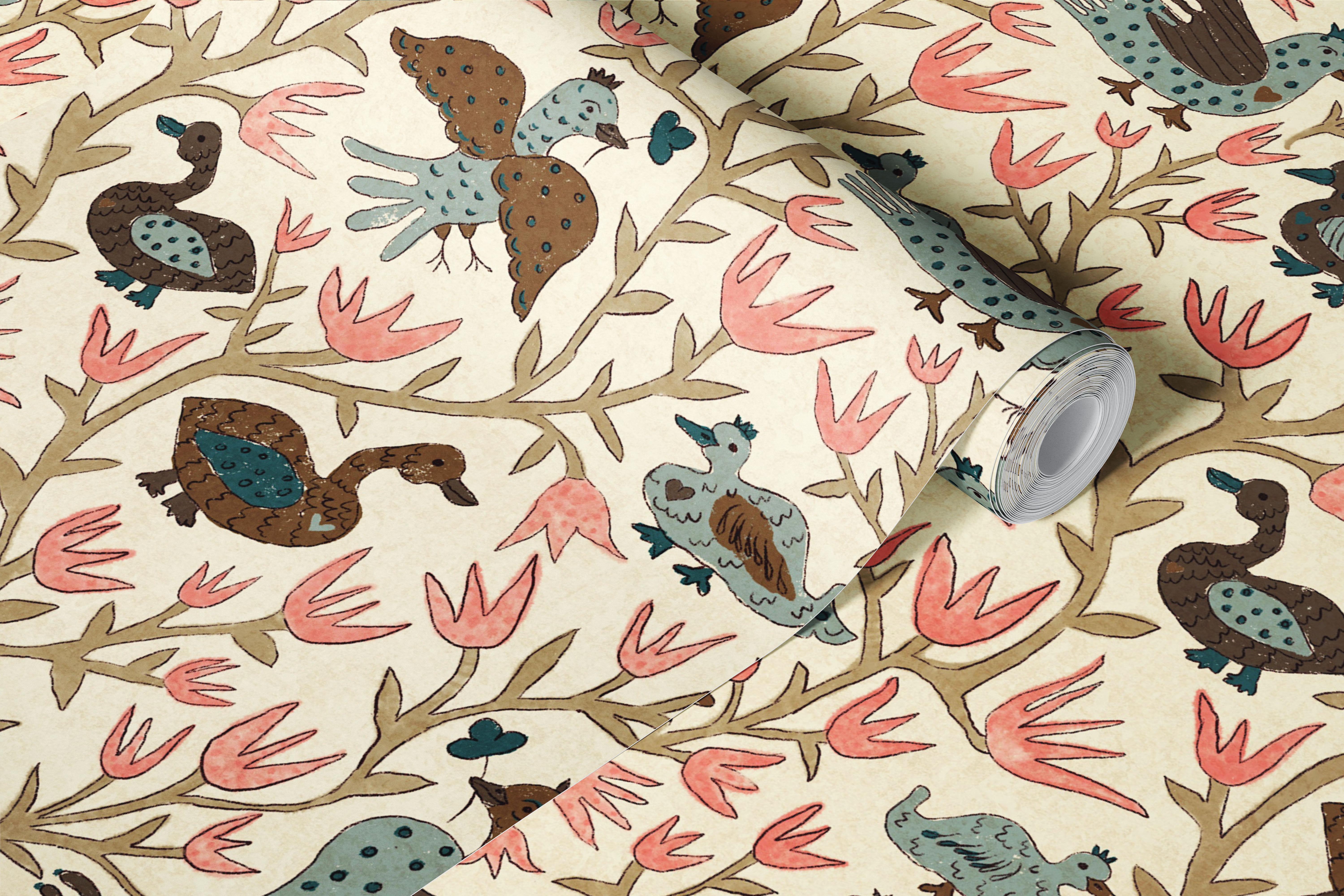 Grey folk bird wallpaper in a room
