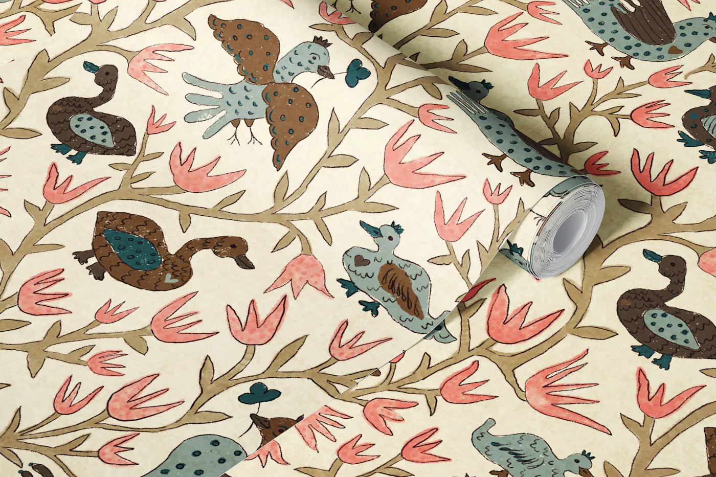 Maximalist folk birds in grey and pink wallpaper roll