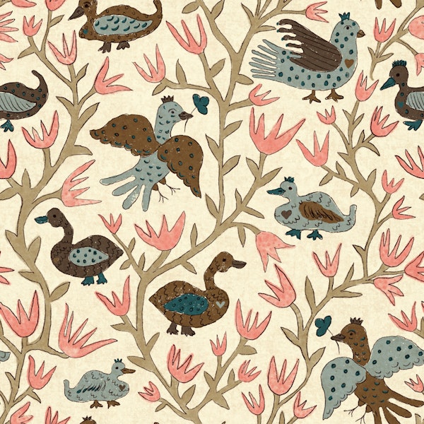 Maximalist folk birds in grey and pink