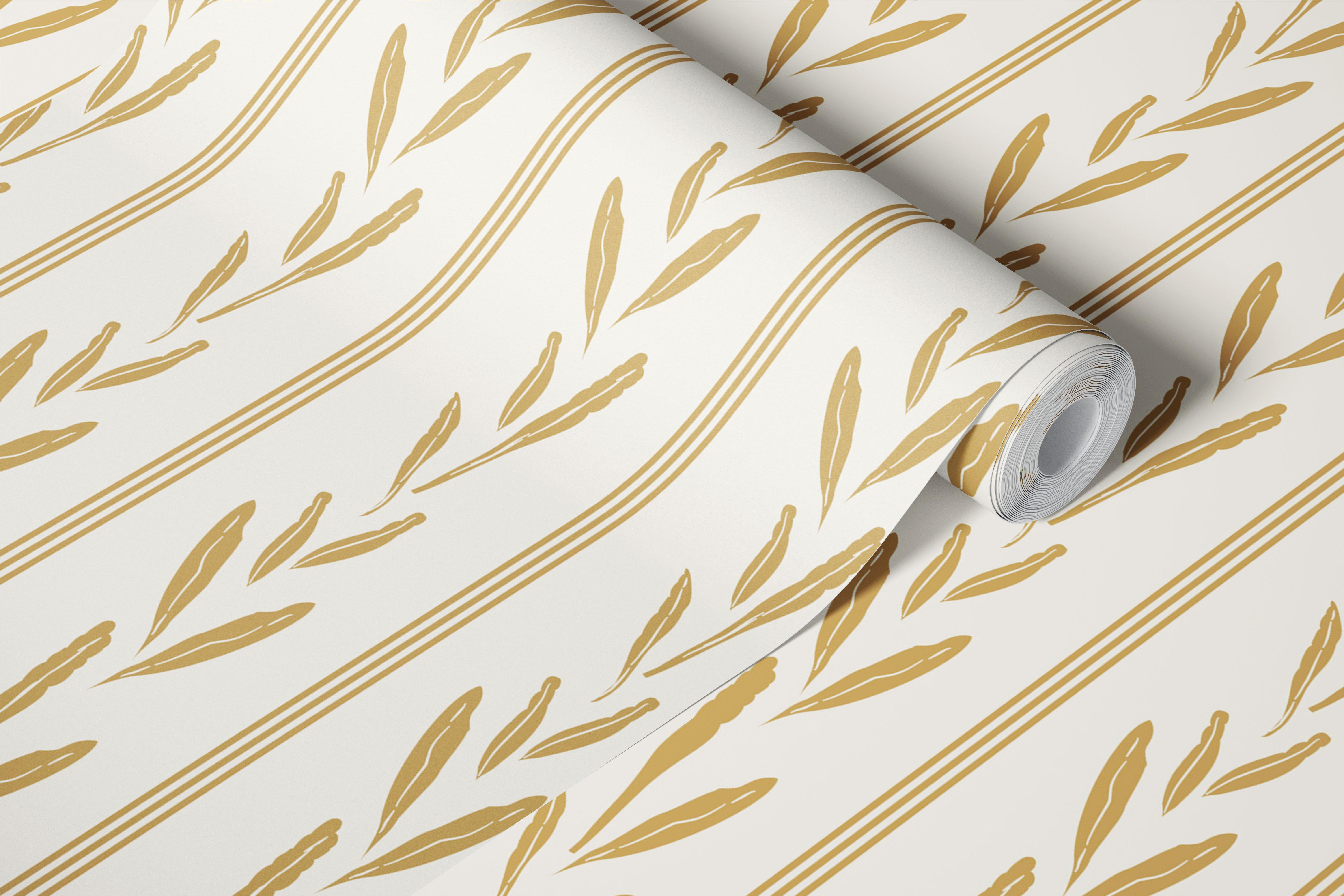Ochre leaf wallpaper with ivory pinstripes in room