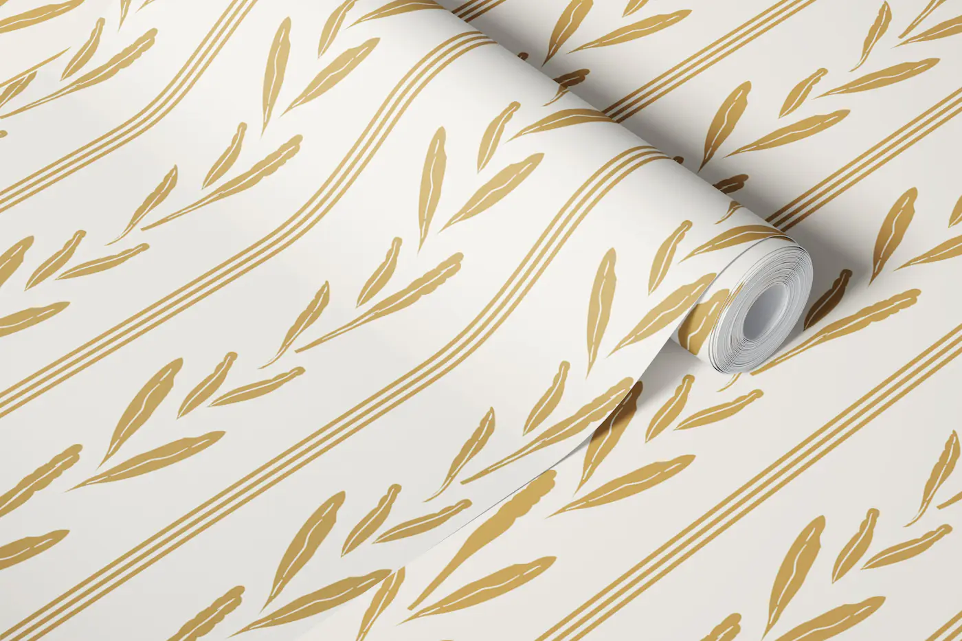 Ochre Leaves with Pinstripes on Ivory wallpaper roll