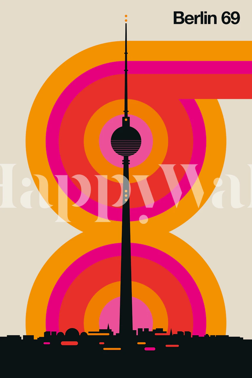 Berlin 69 wall mural featuring retro 60s style graphics and Berlin TV Tower silhouette.