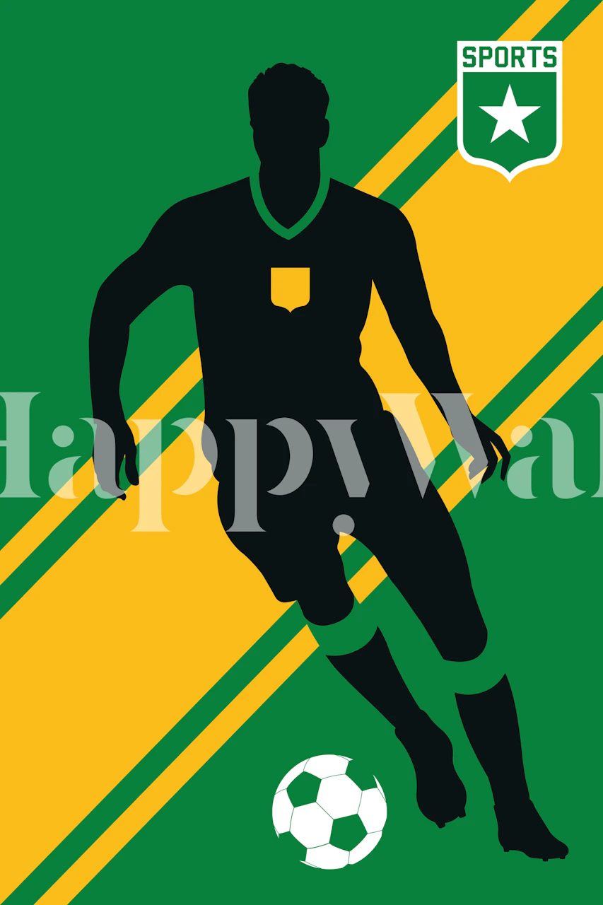 Silhuet af en fodboldspiller med en bold på en grøn og gul stribet baggrund