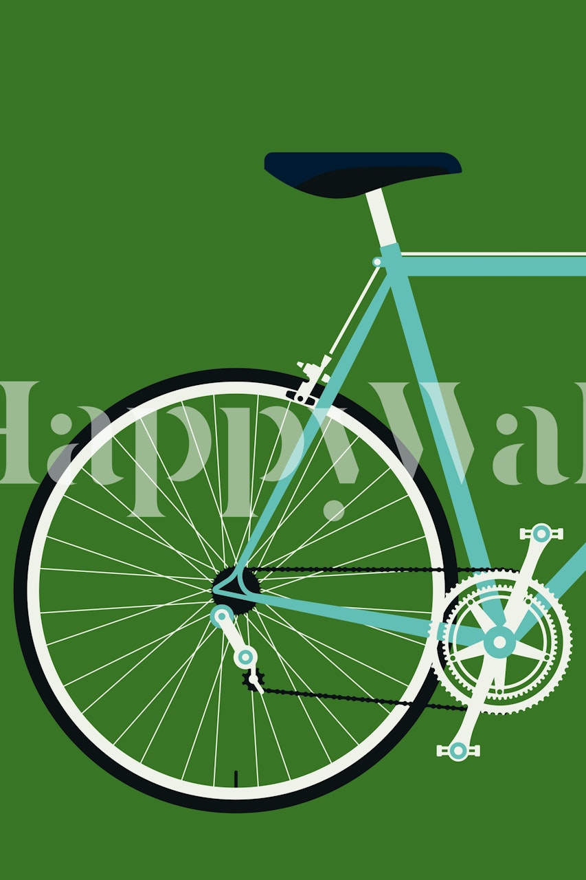 Bianchi Mural trasero con una silueta estilizada de bicicleta sobre un fondo verde