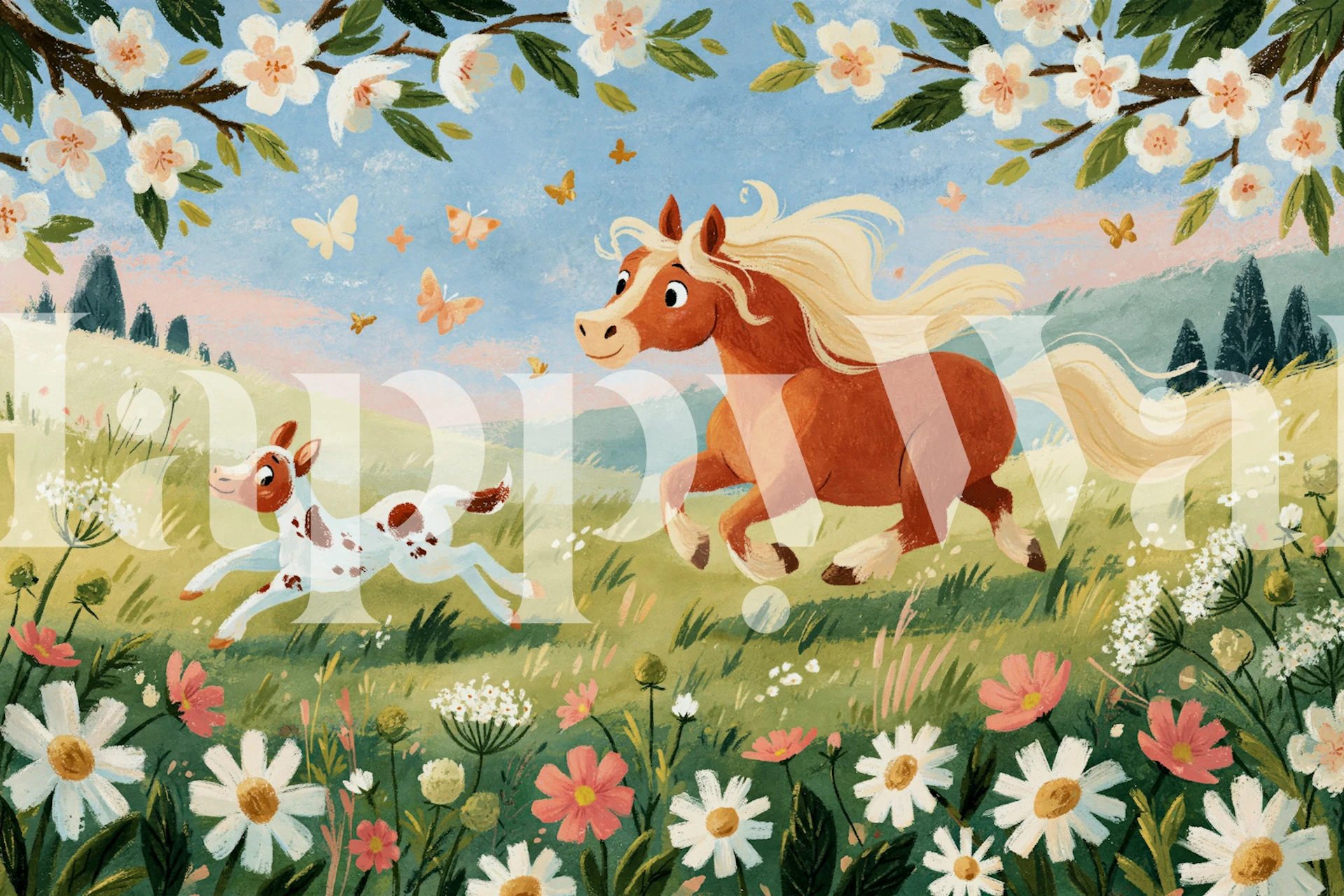Nursery with running horse and foal wallpaper