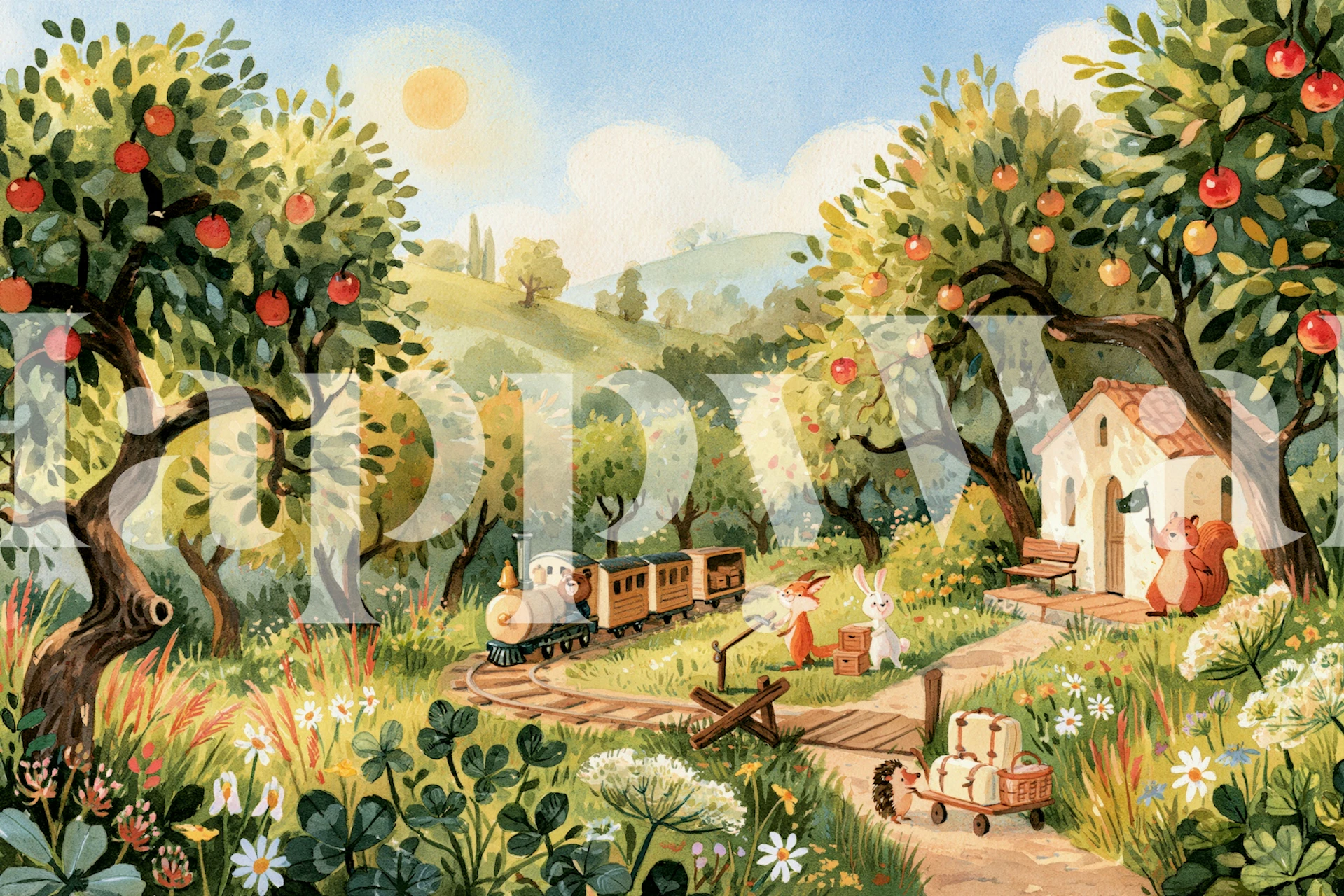 Nursery room with woodland train wallpaper