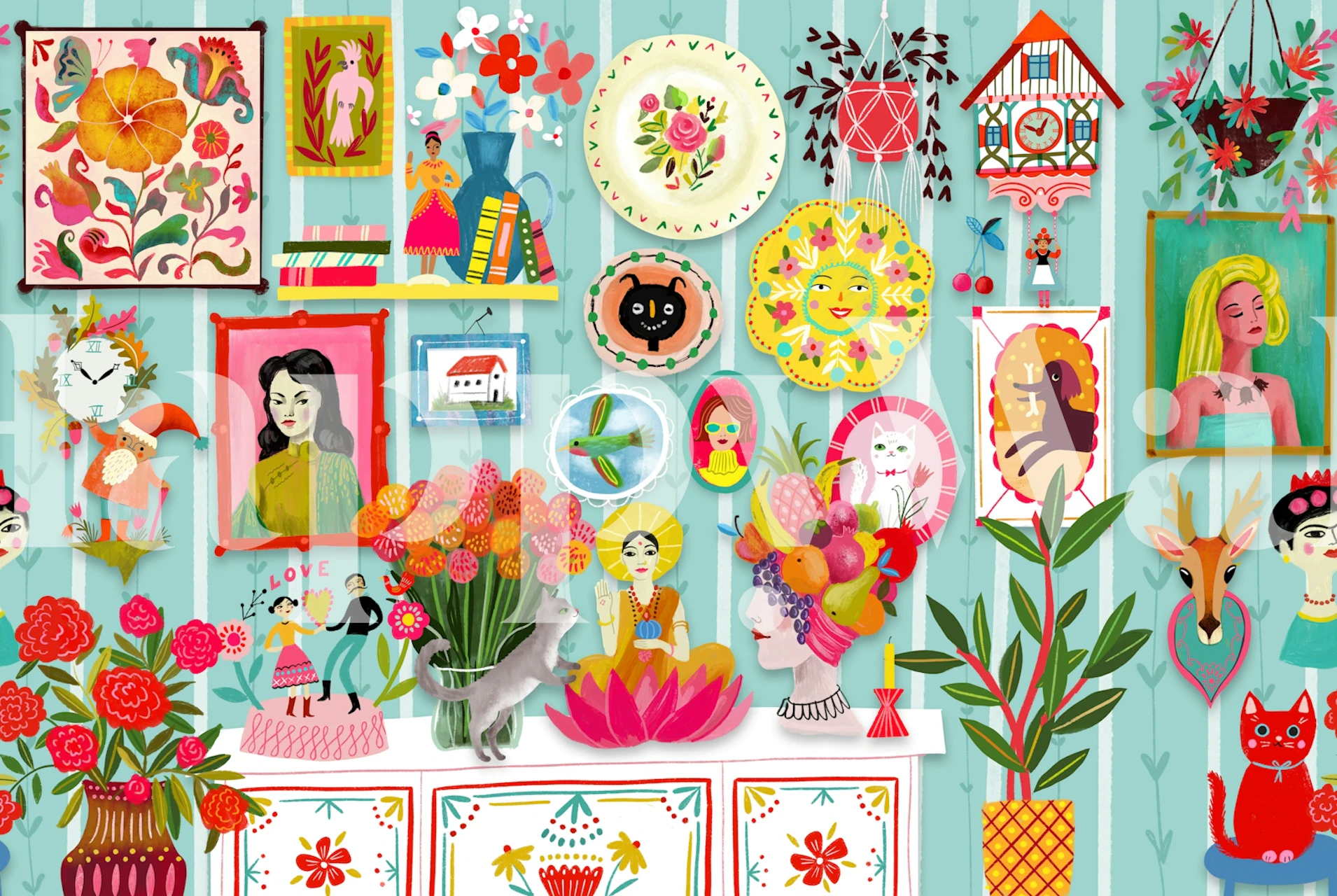 Colorful gallery wall wallpaper in a bright room