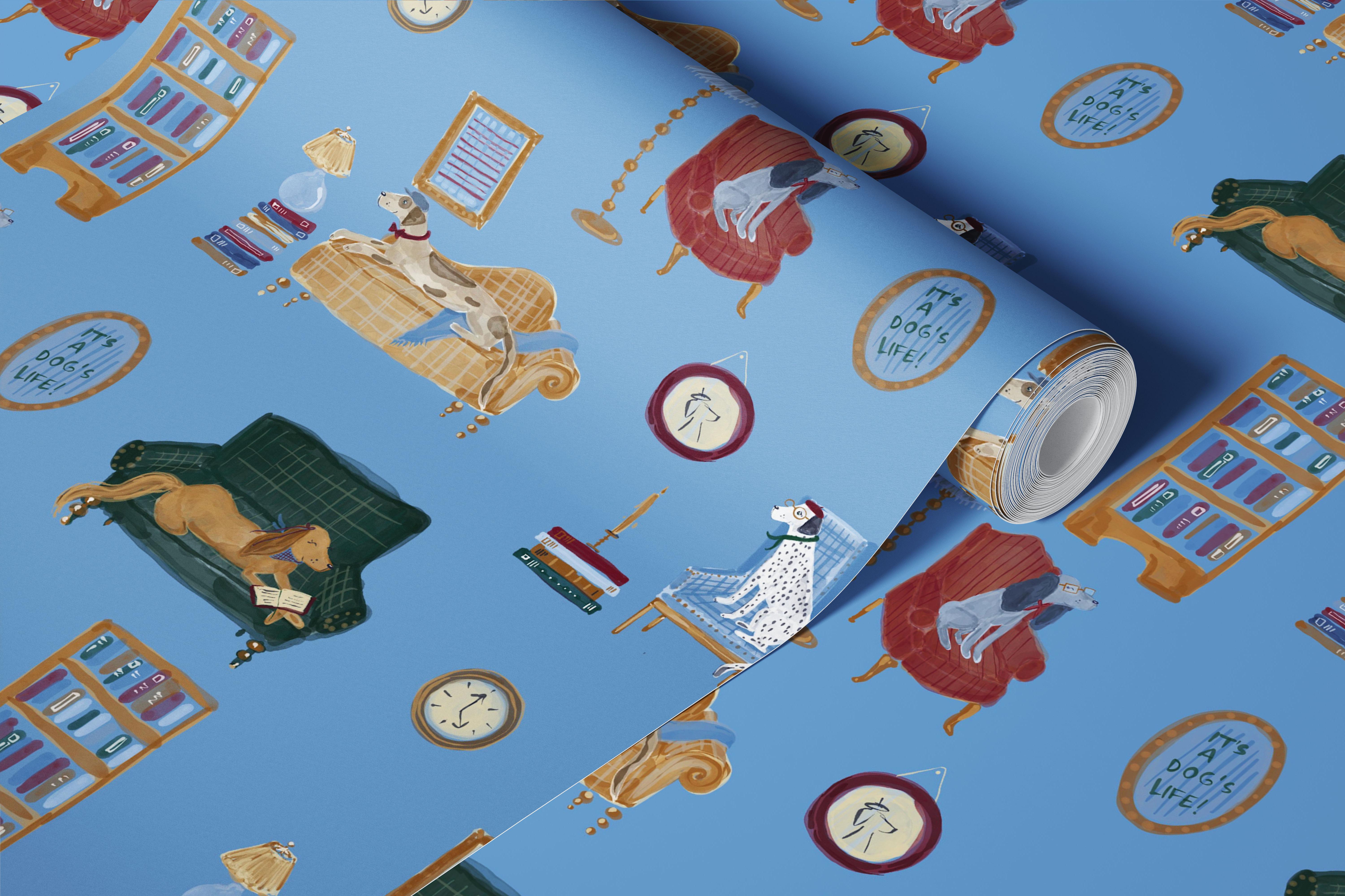 Dusty blue library dog wallpaper in a room