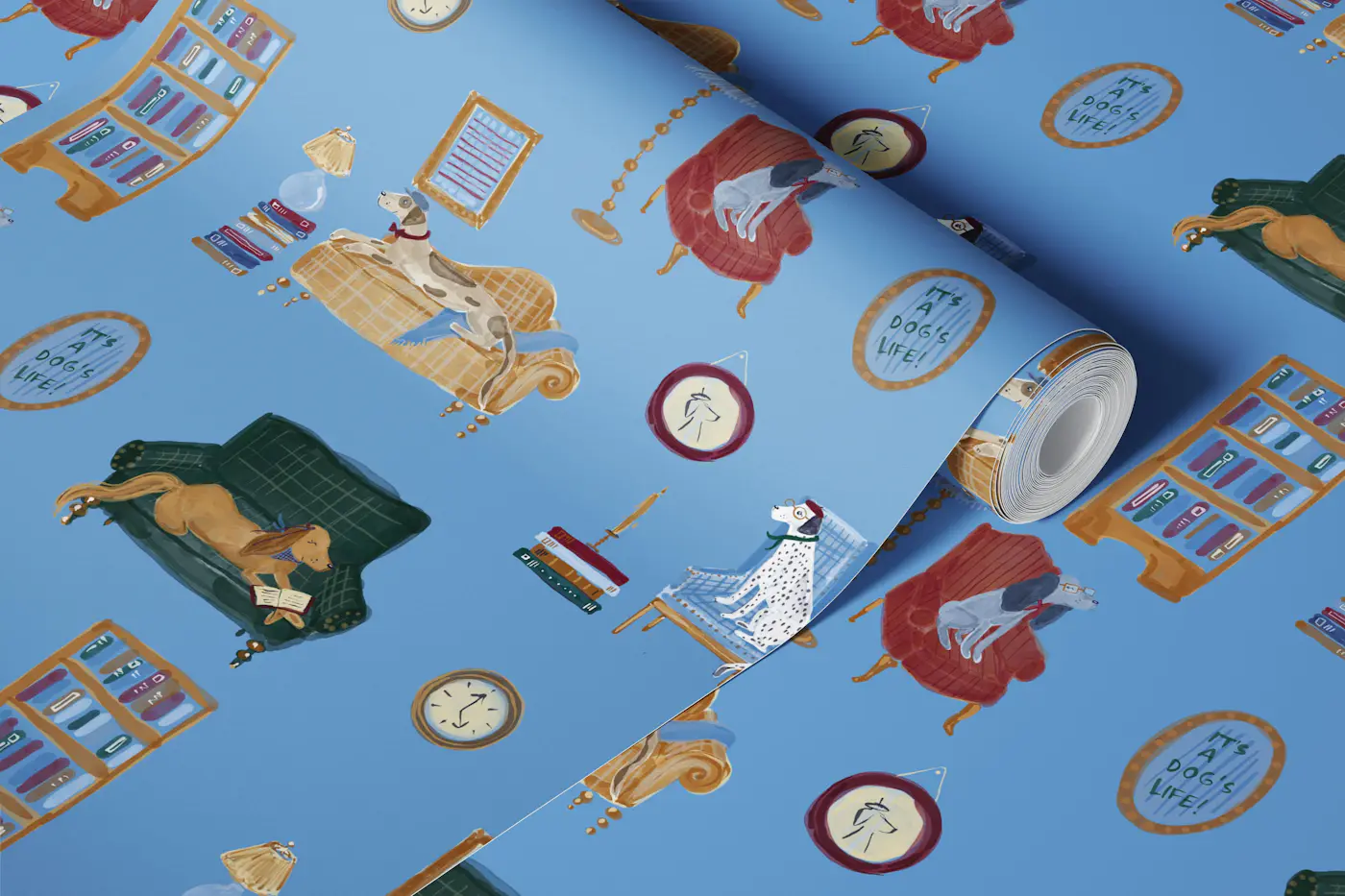 Library Dogs- Blue wallpaper roll