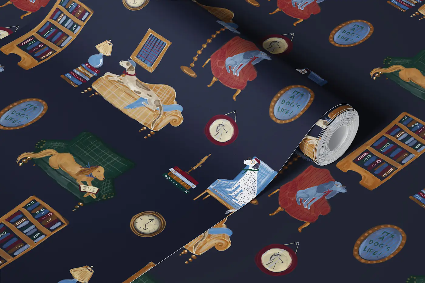 Library Dogs- Navy wallpaper roll