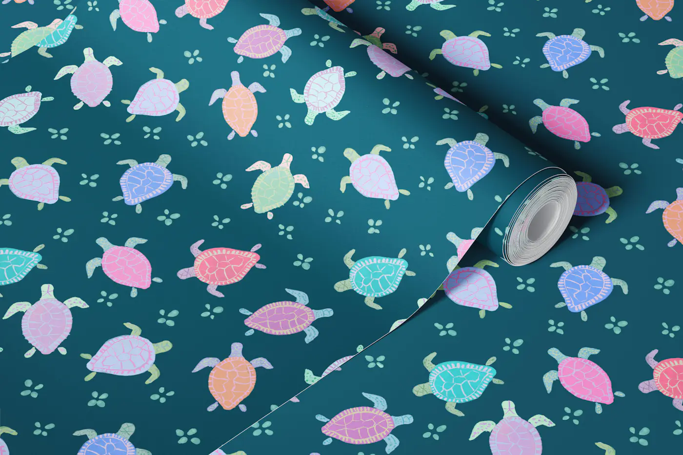 Swimming like Turtles- Dark Teal wallpaper roll