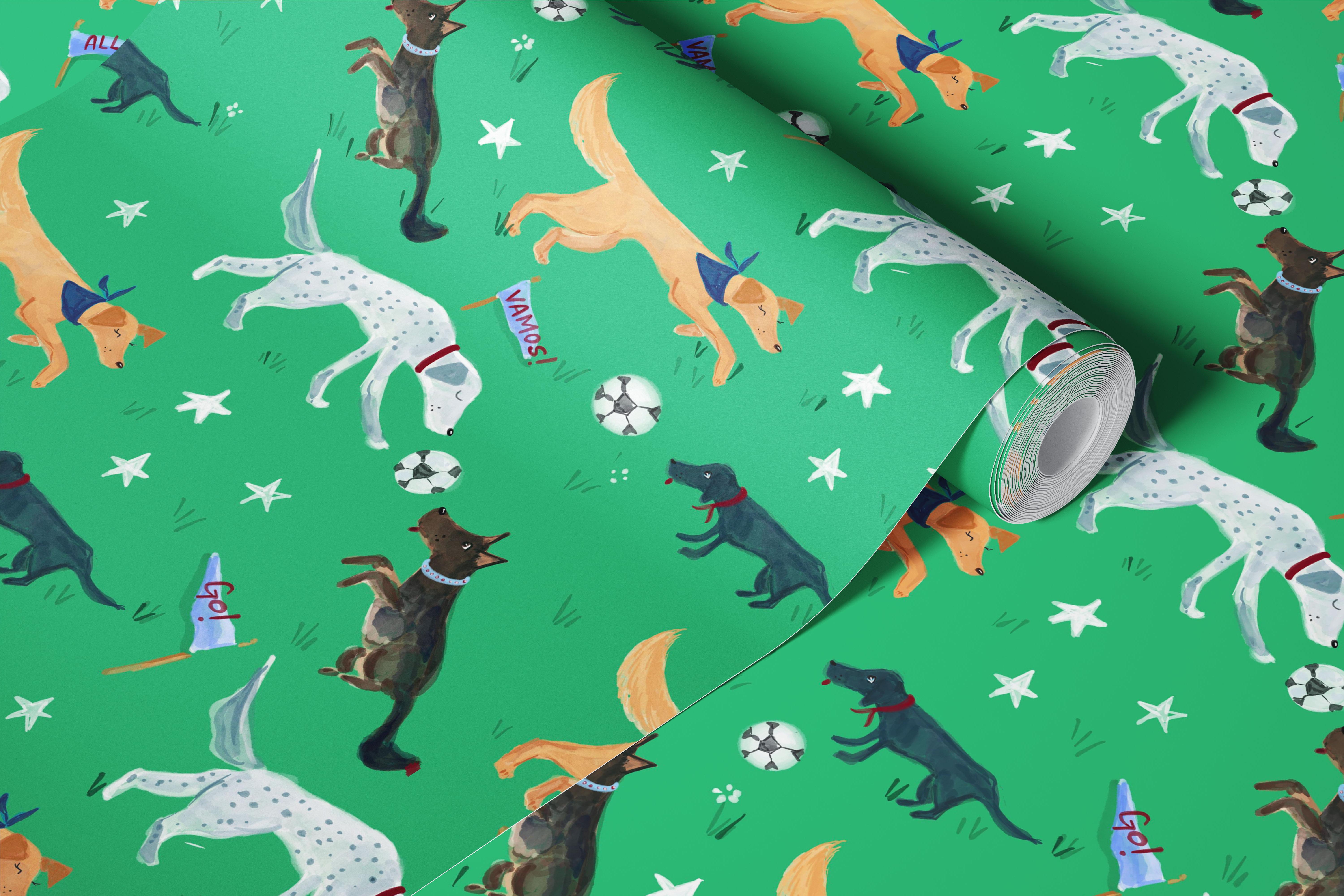 Dog wallpaper in kids room with teal green pattern