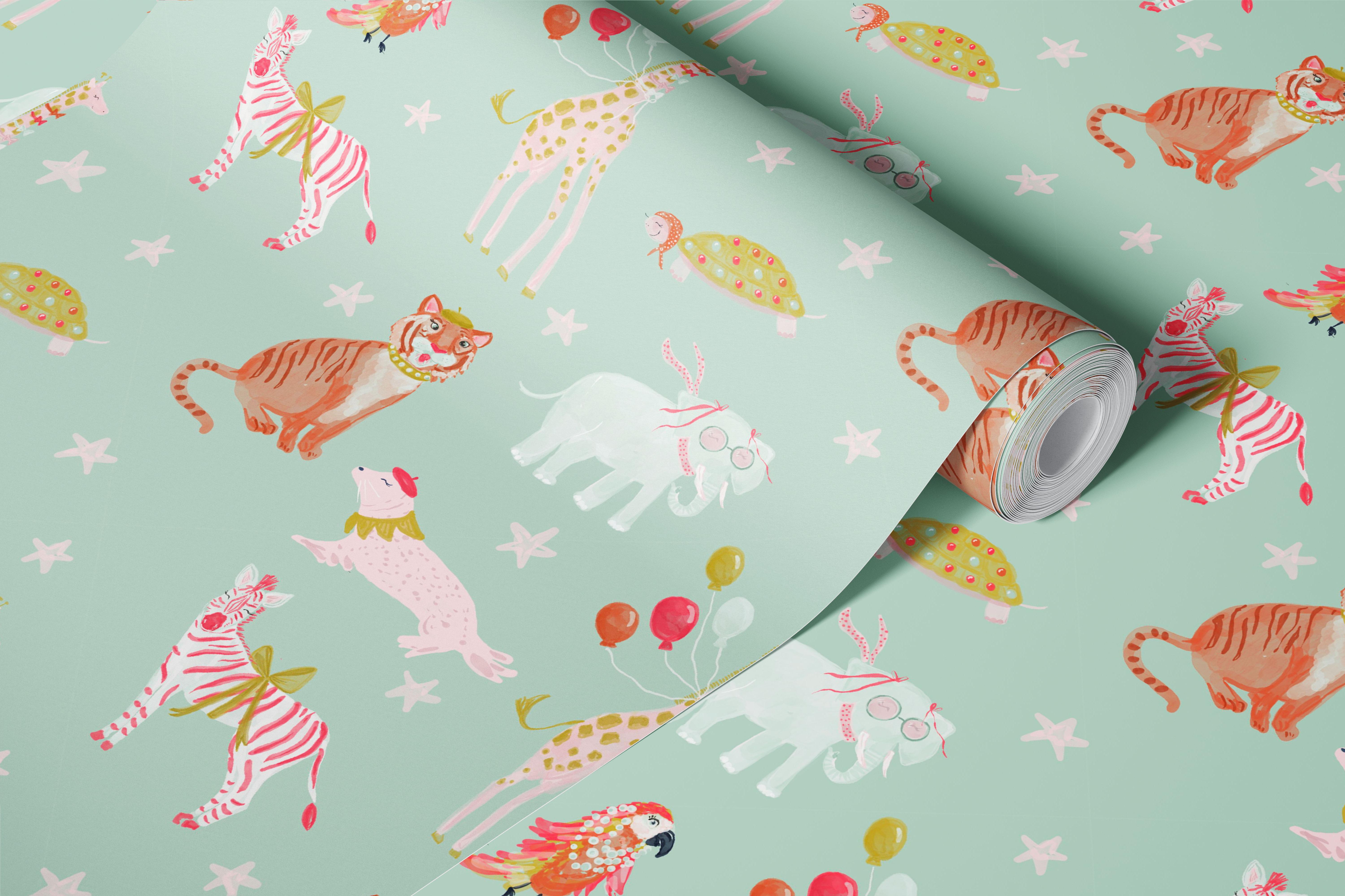 Mint green circus animal wallpaper in kids room