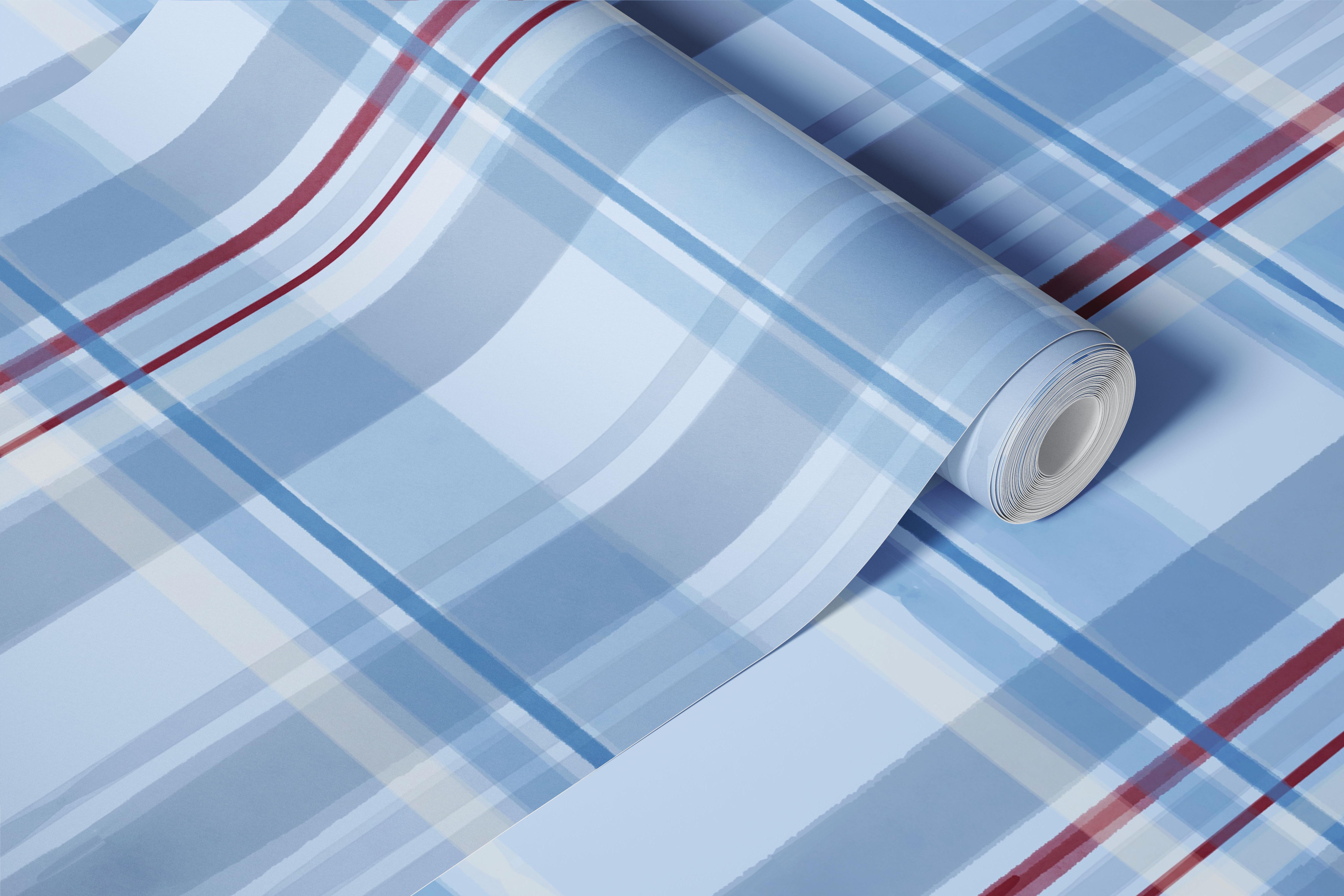 Blue and red watercolor plaid wallpaper in room