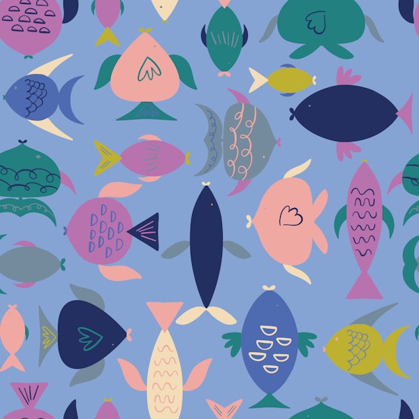 Bold Jewel Retro Fish on Cornflower Blue